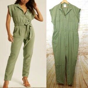 Abercrombie & Fitch Jumpsuit Womens XLT Army Green Short Sleeves Utility Boho